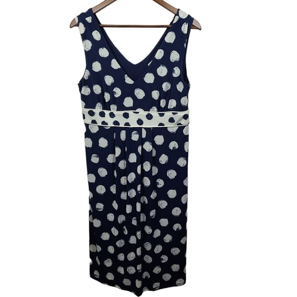 Merona Polka Dot Blue White Empire Waist Sleeveless Midi Dress Large - Picture 1 of 5